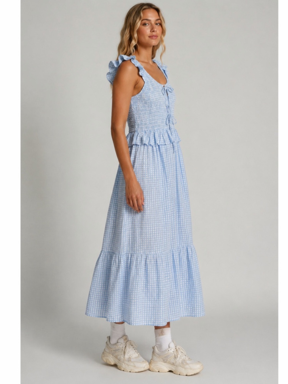 Native Youth MABEL GINGHAM RUFFLE CHECK MIDI DRESS IN LIGHT BLUE S